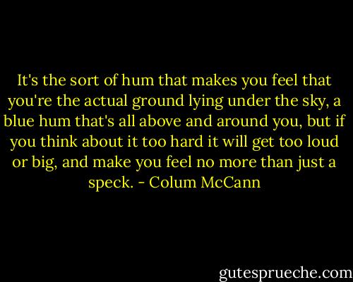 It's the sort of hum that makes you feel that you're the actual ground lying under the sky, a blue hum that's all above and around you, but if you think about it too hard it will get too loud or big, and make you feel no more than just a speck. - Colum McCann