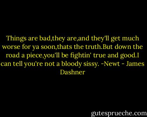 Things are bad,they are,and they'll get much worse for ya soon,thats the truth.But down the road a piece,you'll be fightin' true and good.I can tell you're not a bloody sissy. -Newt - James Dashner