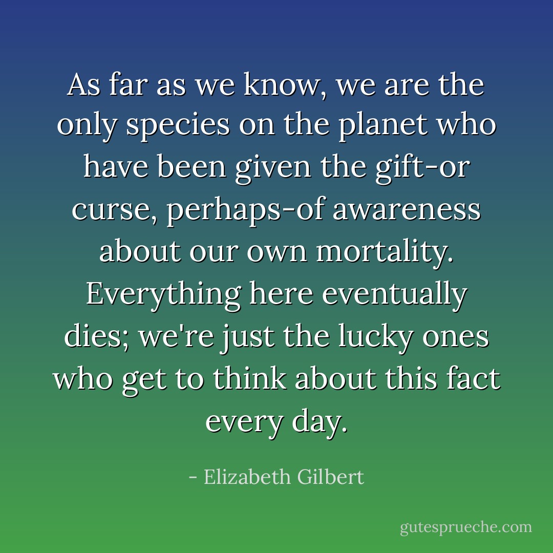 As far as we know, we are the only species on the planet who have been given the gift-or curse, perhaps-of awareness about our own mortality. Everything here eventually dies; we're just the lucky ones who get to think about this fact every day. - Elizabeth Gilbert