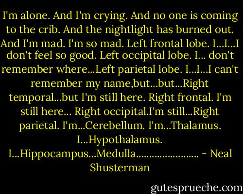 I'm alone. And I'm crying. And no one is coming to the crib. And the nightlight has burned out. And I'm mad. I'm so mad. Left frontal lobe. I...I...I don't feel so good. Left occipital lobe. I... don't remember where...Left parietal lobe. I...I...I can't remember my name,but...but...Right temporal...but I'm still here. Right frontal. I'm still here... Right occipital.I'm still...Right parietal. I'm...Cerebellum. I'm...Thalamus. I...Hypothalamus. I...Hippocampus...Medulla........................ - Neal Shusterman