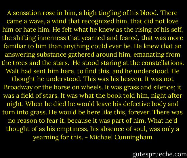 A sensation rose in him, a high tingling of his blood. There came a wave, a wind that recognized him, that did not love him or hate him. He felt what he knew as the rising of his self, the shifting innerness that yearned and feared, that was more familiar to him than anything could ever be. He knew that an answering substance gathered around him, emanating from the trees and the stars.<br /><br />He stood staring at the constellations. Walt had sent him here, to find this, and he understood. He thought he understood. This was his heaven. It was not Broadway or the horse on wheels. It was grass and silence; it was a field of stars. It was what the book told him, night after night. When he died he would leave his defective body and turn into grass. He would be here like this, forever. There was no reason to fear it, because it was part of him. What he'd thought of as his emptiness, his absence of soul, was only a yearning for this. - Michael Cunningham