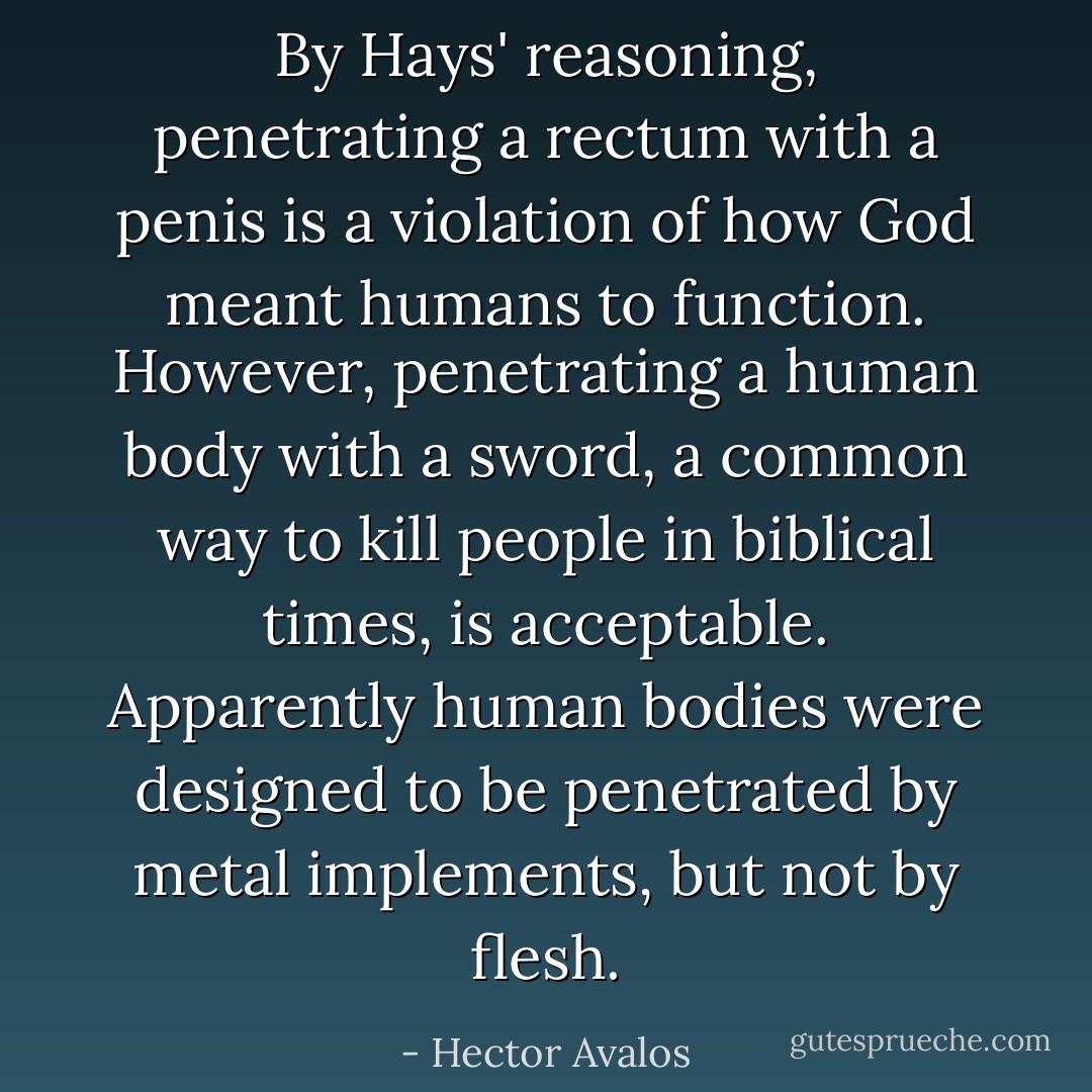 By Hays' reasoning, penetrating a rectum with a penis is a violation of how God meant humans to function. However, penetrating a human body with a sword, a common way to kill people in biblical times, is acceptable. Apparently human bodies were designed to be penetrated by metal implements, but not by flesh. - Hector Avalos