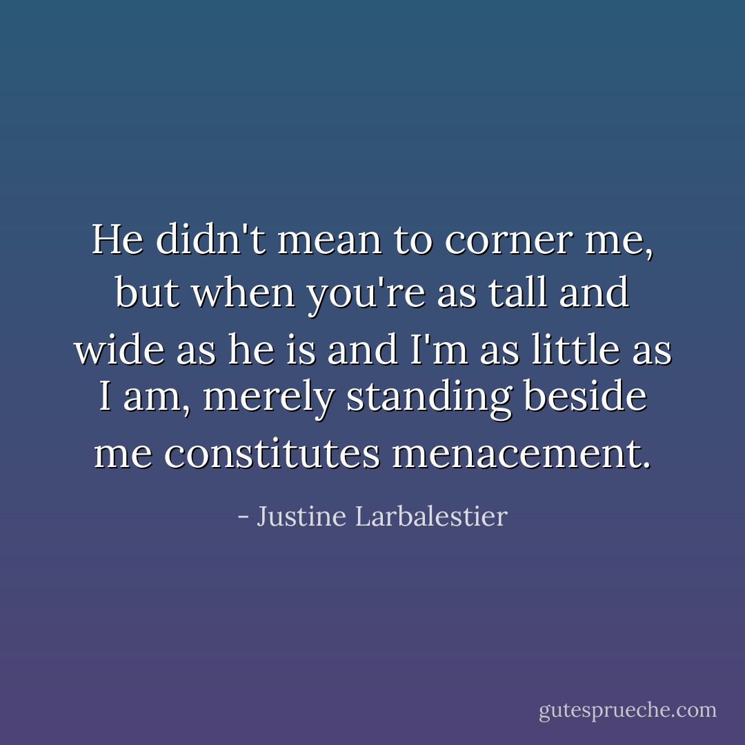 He didn't mean to corner me, but when you're as tall and wide as he is and I'm as little as I am, merely standing beside me constitutes menacement. - Justine Larbalestier