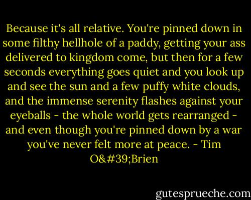 Because it's all relative. You're pinned down in some filthy hellhole of a paddy, getting your ass delivered to kingdom come, but then for a few seconds everything goes quiet and you look up and see the sun and a few puffy white clouds, and the immense serenity flashes against your eyeballs - the whole world gets rearranged - and even though you're pinned down by a war you've never felt more at peace. - Tim O'Brien