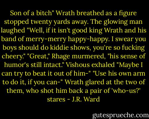Son of a bitch" Wrath breathed as a figure stopped twenty yards away.<br />The glowing man laughed "Well, if it isn't good king Wrath and his band of merry-merry happy-happy. I swear you boys should do kiddie shows, you're so fucking cheery."<br />"Great," Rhage murmered, "his sense of humor's still intact."<br />Vishous exhaled "Maybe I can try to beat it out of him-"<br />"Use his own arm to do it, if you can-"<br />Wrath glared at the two of them, who shot him back a pair of 'who-us?' stares - J.R. Ward