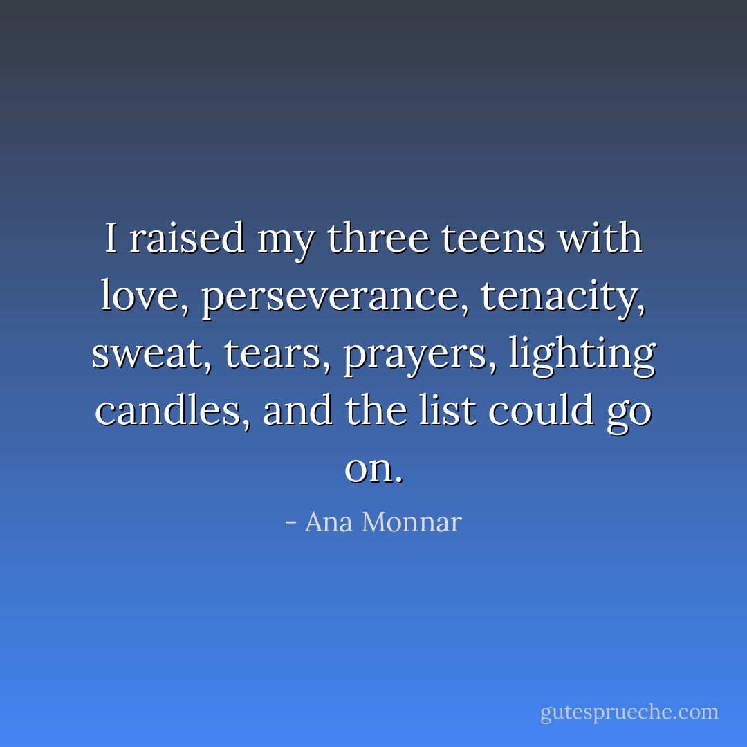 I raised my three teens with love, perseverance, tenacity, sweat, tears, prayers, lighting candles, and the list could go on. - Ana Monnar
