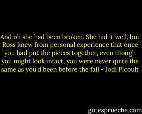 And oh she had been broken. She hid it well, but Ross knew from personal experience that once you had put the pieces together, even though you might look intact, you were never quite the same as you'd been before the fall - Jodi Picoult