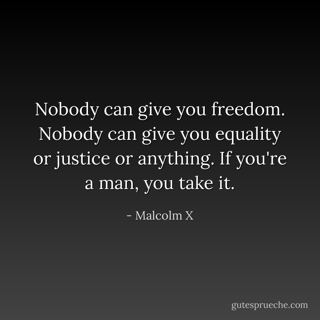 Nobody can give you freedom. Nobody can give you equality or justice or anything. If you're a man, you take it. - Malcolm X