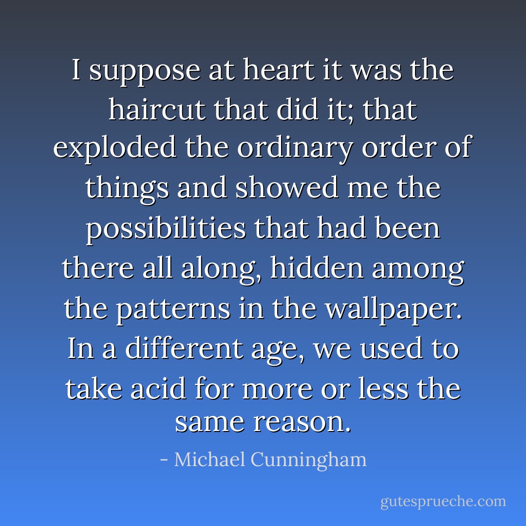 I suppose at heart it was the haircut that did it; that exploded the ordinary order of things and showed me the possibilities that had been there all along, hidden among the patterns in the wallpaper. In a different age, we used to take acid for more or less the same reason. - Michael Cunningham
