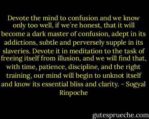 Devote the mind to confusion and we know only too well, if we´re honest, that it will become a dark master of confusion, adept in its addictions, subtle and perversely supple in its slaveries. Devote it in meditation to the task of freeing itself from illusion, and we will find that, with time, patience, discipline, and the right training, our mind will begin to unknot itself and know its essential bliss and clarity. - Sogyal Rinpoche
