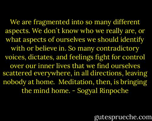 We are fragmented into so many different aspects. We don´t know who we really are, or what aspects of ourselves we should identify with or believe in. So many contradictory voices, dictates, and feelings fight for control over our inner lives that we find ourselves scattered everywhere, in all directions, leaving nobody at home.<br /><br />Meditation, then, is bringing the mind home. - Sogyal Rinpoche