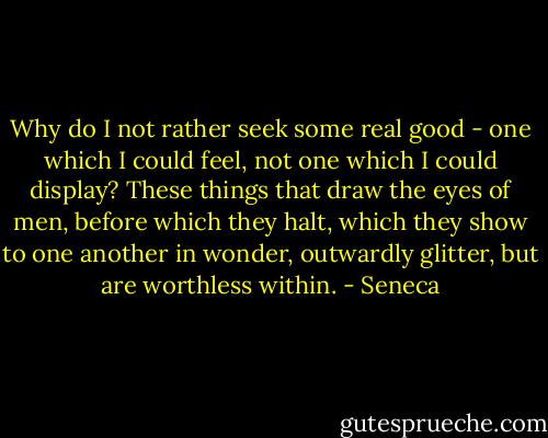 Why do I not rather seek some real good - one which I could feel, not one which I could display? These things that draw the eyes of men, before which they halt, which they show to one another in wonder, outwardly glitter, but are worthless within. - Seneca