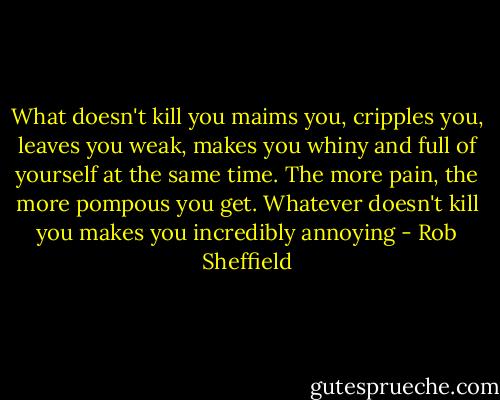 What doesn't kill you maims you, cripples you, leaves you weak, makes you whiny and full of yourself at the same time. The more pain, the more pompous you get. Whatever doesn't kill you makes you incredibly annoying - Rob Sheffield