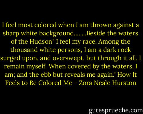I feel most colored when I am thrown against a sharp white background........Beside the waters of the Hudson" I feel my race. Among the thousand white persons, I am a dark rock surged upon, and overswept, but through it all, I remain myself. When covered by the waters, I am; and the ebb but reveals me again." How It Feels to Be Colored Me - Zora Neale Hurston