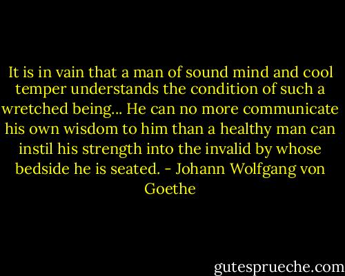 It is in vain that a man of sound mind and cool temper understands the condition of such a wretched being... He can no more communicate his own wisdom to him than a healthy man can instil his strength into the invalid by whose bedside he is seated. - Johann Wolfgang von Goethe