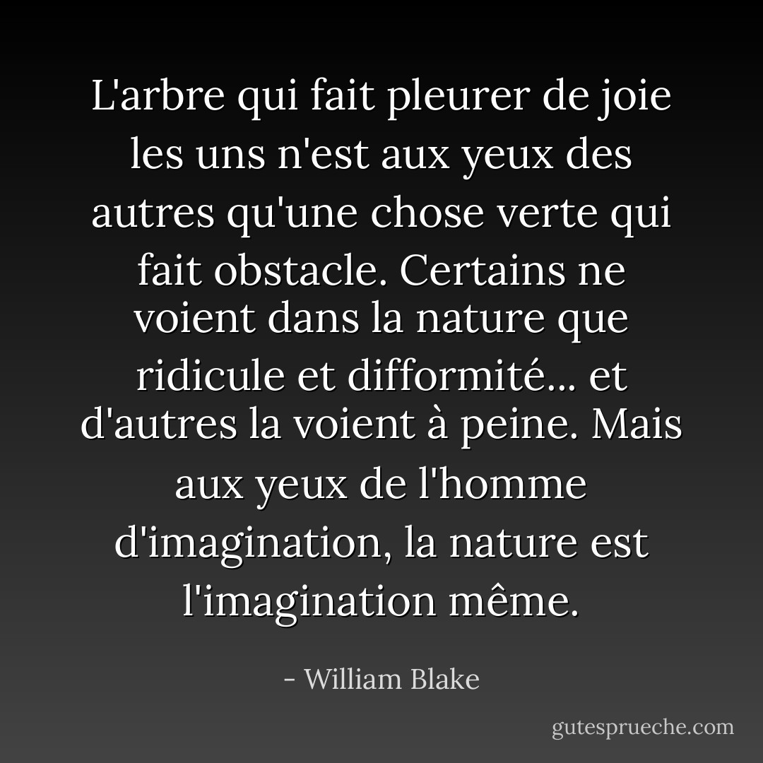 L'arbre qui fait pleurer de joie les uns n'est aux yeux des autres qu'une chose verte qui fait obstacle. Certains ne voient dans la nature que ridicule et difformité... et d'autres la voient à peine. Mais aux yeux de l'homme d'imagination, la nature est l'imagination même. - William Blake