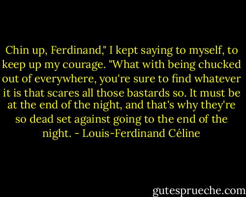Chin up, Ferdinand," I kept saying to myself, to keep up my courage. "What with being chucked out of everywhere, you're sure to find whatever it is that scares all those bastards so. It must be at the end of the night, and that's why they're so dead set against going to the end of the night. - Louis-Ferdinand Céline