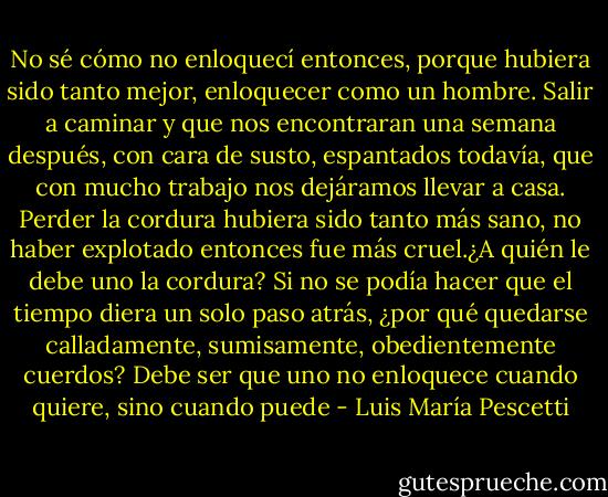 No sé cómo no enloquecí entonces, porque hubiera sido tanto mejor, enloquecer como un hombre. Salir a caminar y que nos encontraran una semana después, con cara de susto, espantados todavía, que con mucho trabajo nos dejáramos llevar a casa. Perder la cordura hubiera sido tanto más sano, no haber explotado entonces fue más cruel.¿A quién le debe uno la cordura? Si no se podía hacer que el tiempo diera un solo paso atrás, ¿por qué quedarse calladamente, sumisamente, obedientemente cuerdos? Debe ser que uno no enloquece cuando quiere, sino cuando puede - Luis María Pescetti