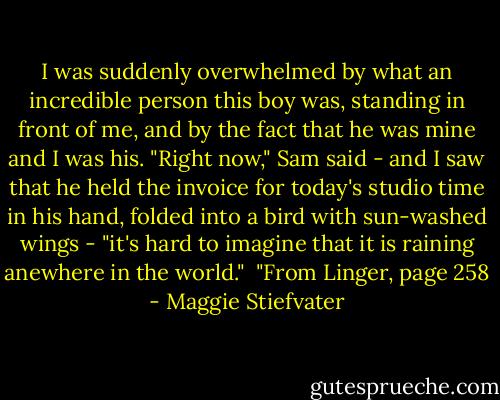 I was suddenly overwhelmed by what an incredible person this boy was, standing in front of me, and by the fact that he was mine and I was his.<br />"Right now," Sam said - and I saw that he held the invoice for today's studio time in his hand, folded into a bird with sun-washed wings - "it's hard to imagine that it is raining anewhere in the world."<br /><br />"From Linger, page 258 - Maggie Stiefvater