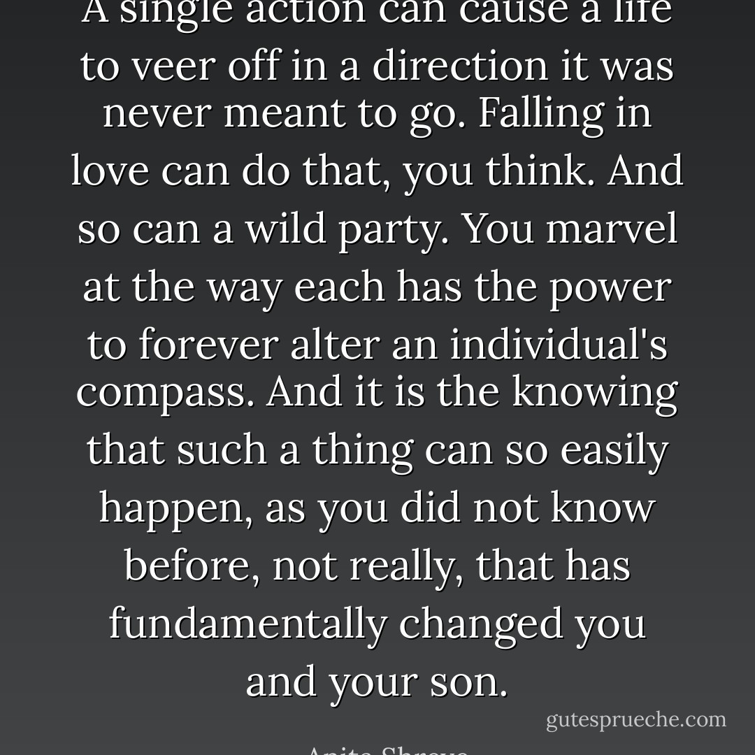 A single action can cause a life to veer off in a direction it was never meant to go. Falling in love can do that, you think. And so can a wild party. You marvel at the way each has the power to forever alter an individual's compass. And it is the knowing that such a thing can so easily happen, as you did not know before, not really, that has fundamentally changed you and your son. - Anita Shreve