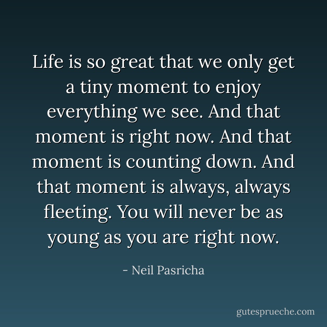 Life is so great that we only get a tiny moment to enjoy everything we see. And that moment is right now. And that moment is counting down. And that moment is always, always fleeting. You will never be as young as you are right now. - Neil Pasricha