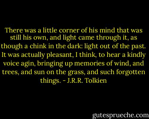There was a little corner of his mind that was still his own, and light came through it, as though a chink in the dark: light out of the past. It was actually pleasant, I think, to hear a kindly voice agin, bringing up memories of wind, and trees, and sun on the grass, and such forgotten things. - J.R.R. Tolkien