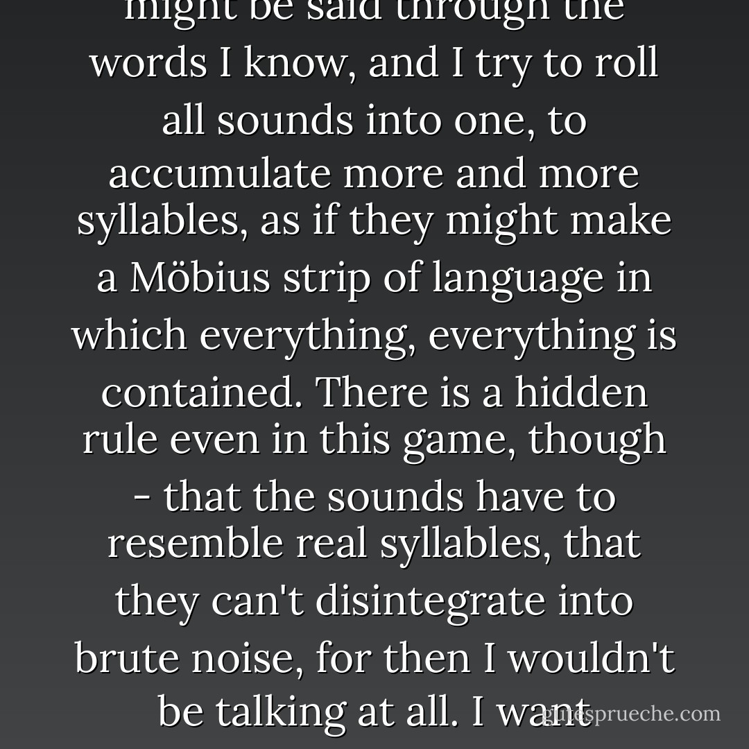 I want to tell A Story, Every Story, everything all at once, not anything in particular that might be said through the words I know, and I try to roll all sounds into one, to accumulate more and more syllables, as if they might make a Möbius strip of language in which everything, everything is contained. There is a hidden rule even in this game, though - that the sounds have to resemble real syllables, that they can't disintegrate into brute noise, for then I wouldn't be talking at all. I want articulation - but articulation that says the whole world at once. - Eva Hoffman