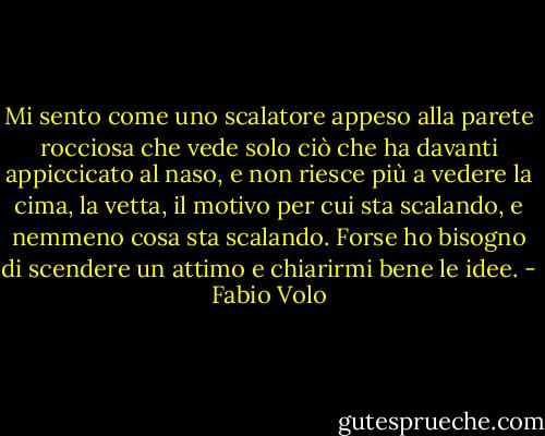 Mi sento come uno scalatore appeso alla parete rocciosa che vede solo ciò che ha davanti appiccicato al naso, e non riesce più a vedere la cima, la vetta, il motivo per cui sta scalando, e nemmeno cosa sta scalando.<br />Forse ho bisogno di scendere un attimo e chiarirmi bene le idee. - Fabio Volo