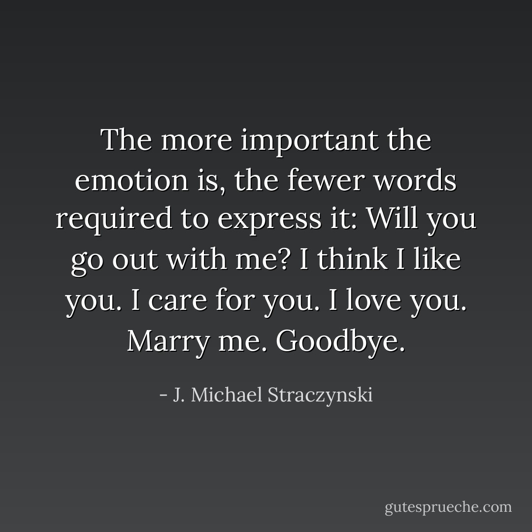 The more important the emotion is, the fewer words required to express it:<br />Will you go out with me?<br />I think I like you.<br />I care for you.<br />I love you.<br />Marry me.<br />Goodbye. - J. Michael Straczynski