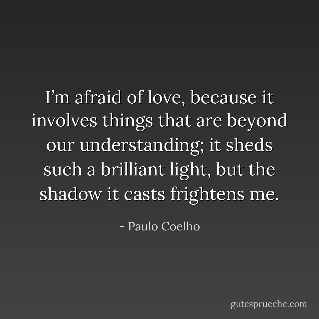 I’m afraid of love, because it involves things that are beyond our understanding; it sheds such a brilliant light, but the shadow it casts frightens me. - Paulo Coelho