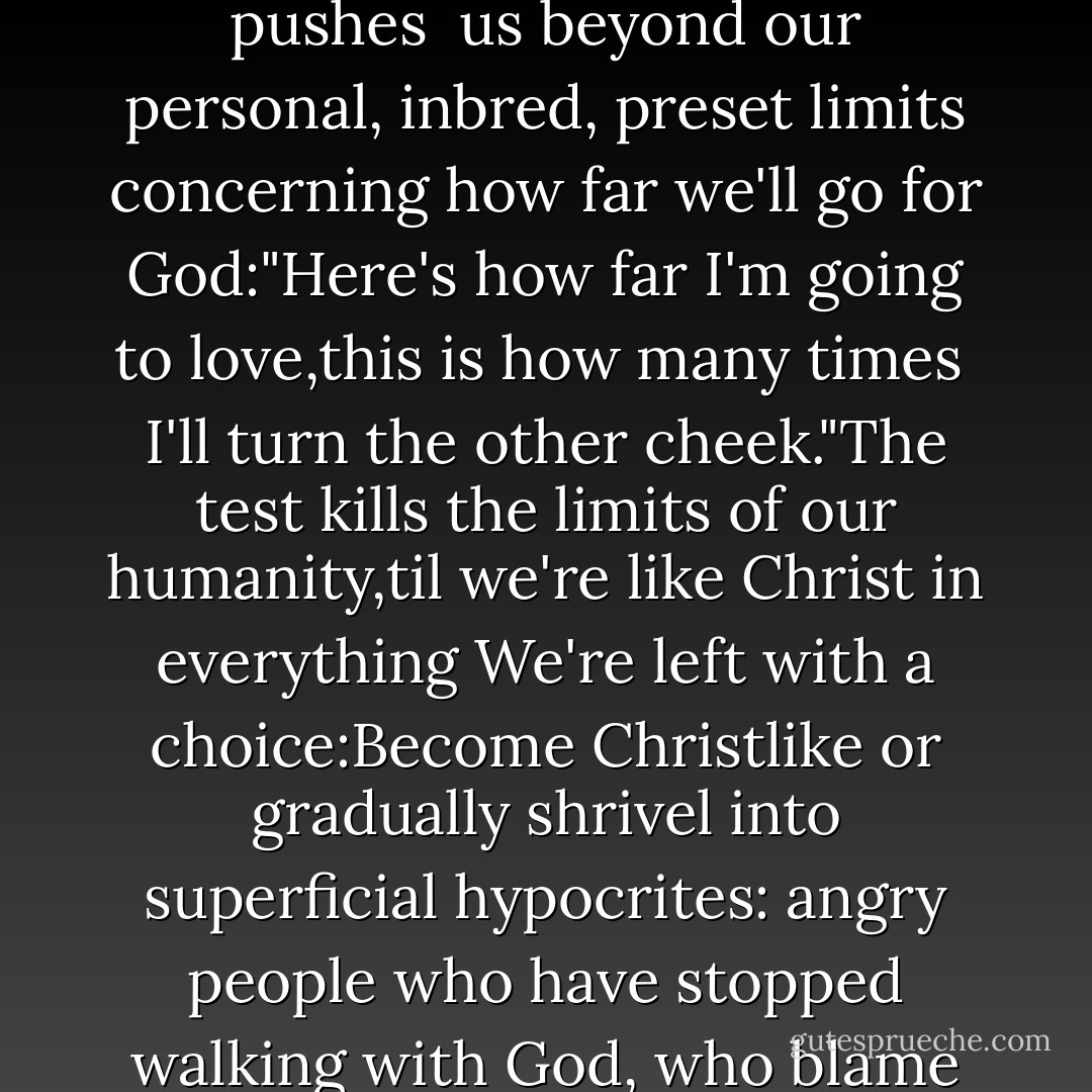 The conflict will always beyond ur strength.The enemy always pushes <br />us beyond our personal, inbred, preset limits concerning how far we'll<br />go for God:"Here's how far I'm going to love,this is how many times <br />I'll turn the other cheek."The test kills the limits of our humanity,til we're like Christ in everything We're left with a choice:Become Christlike or gradually shrivel into superficial hypocrites: angry people who have stopped walking with God, who blame others for our bitterness. - Francis Frangipane