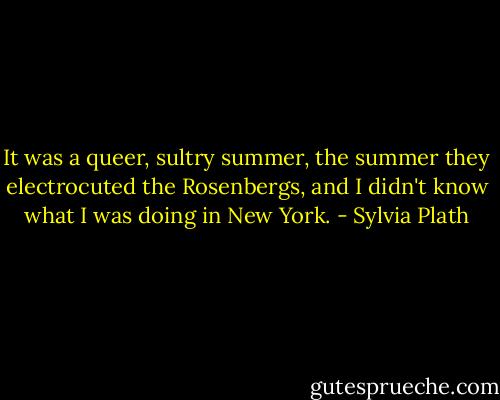 It was a queer, sultry summer, the summer they electrocuted the Rosenbergs, and I didn't know what I was doing in New York. - Sylvia Plath