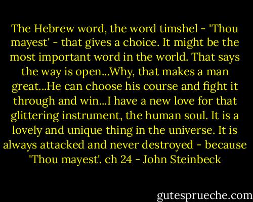 The Hebrew word, the word timshel - 'Thou mayest' - that gives a choice. It might be the most important word in the world. That says the way is open...Why, that makes a man great...He can choose his course and fight it through and win...I have a new love for that glittering instrument, the human soul. It is a lovely and unique thing in the universe. It is always attacked and never destroyed - because 'Thou mayest'. ch 24 - John Steinbeck