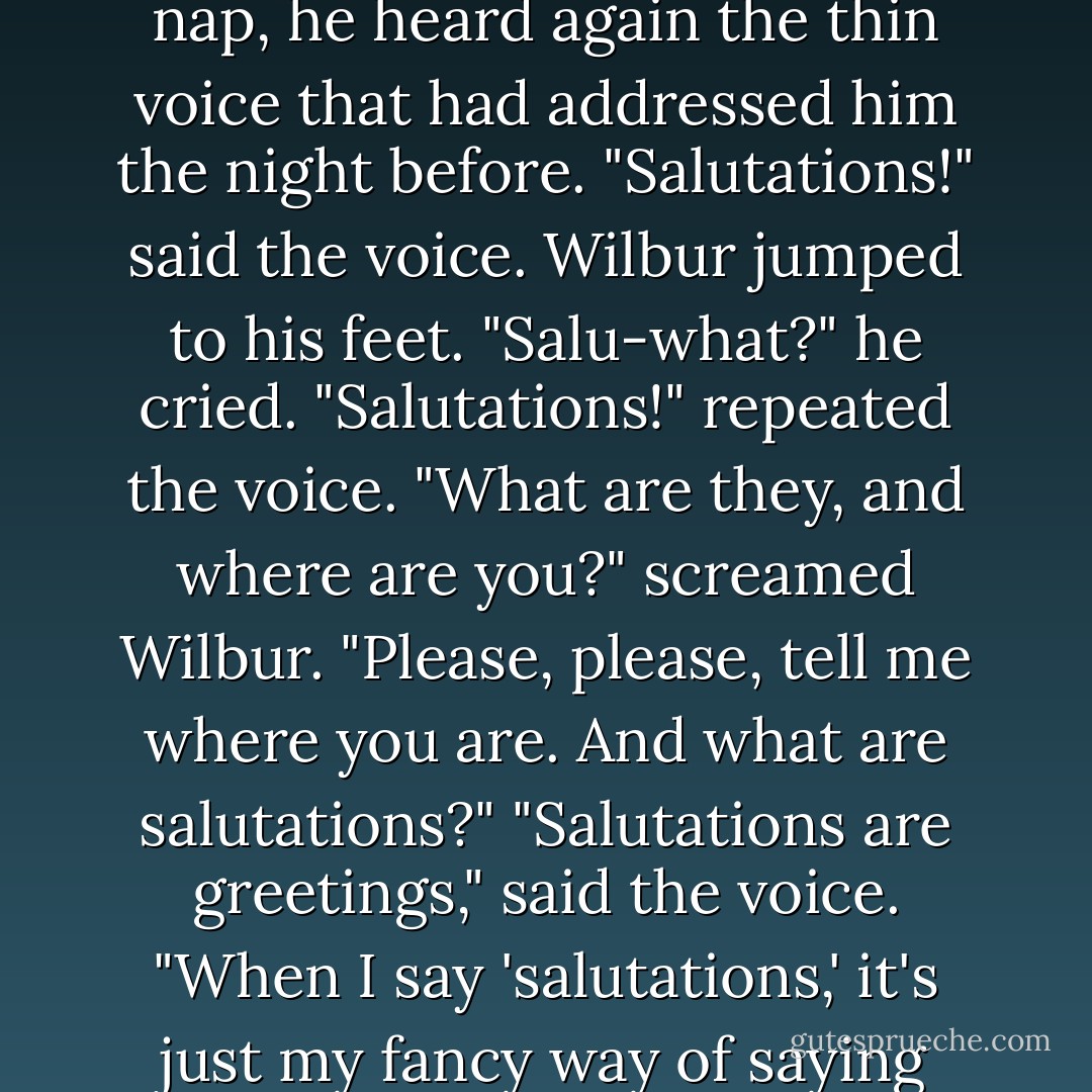 And then, just as Wilbur was settling down for his morning nap, he heard again the thin voice that had addressed him the night before.<br />"Salutations!" said the voice.<br />Wilbur jumped to his feet. "Salu-what?" he cried.<br />"Salutations!" repeated the voice.<br />"What are they, and where are you?" screamed Wilbur. "Please, please, tell me where you are. And what are salutations?"<br />"Salutations are greetings," said the voice. "When I say 'salutations,' it's just my fancy way of saying hello or good morning. - E.B. White