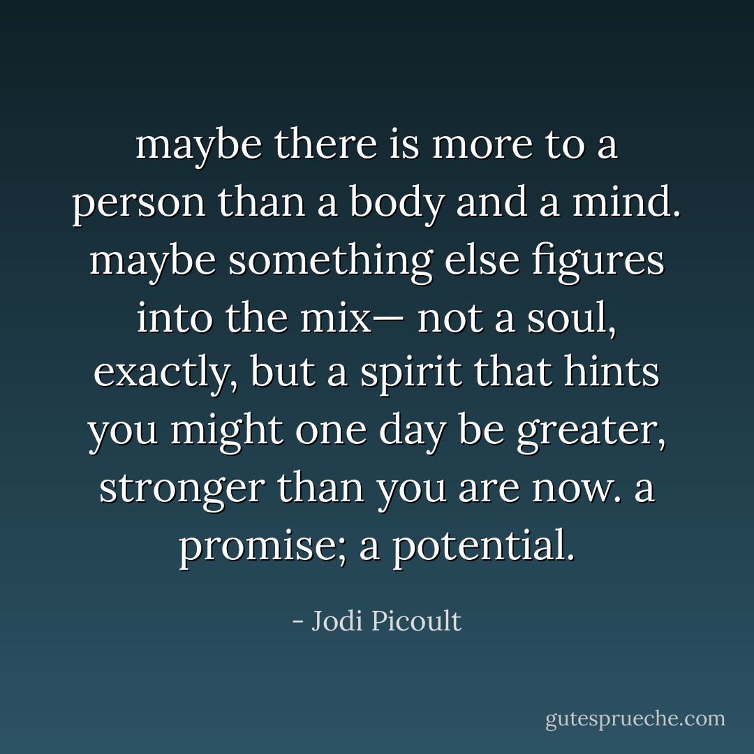 maybe there is more to a person than a body and a mind. maybe something else figures into the mix— not a soul, exactly, but a spirit that hints you might one day be greater, stronger than you are now. a promise; a potential. - Jodi Picoult