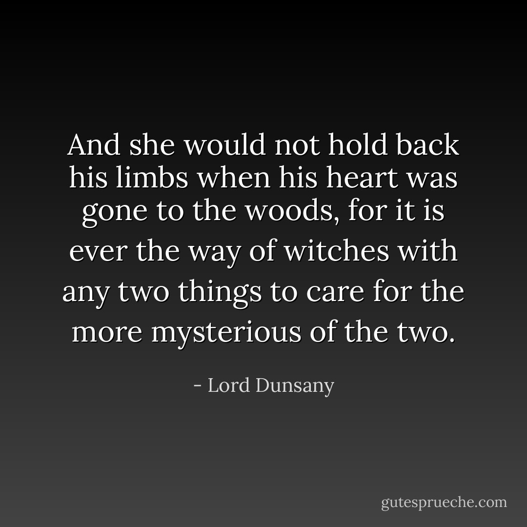 And she would not hold back his limbs when his heart was gone to the woods, for it is ever the way of witches with any two things to care for the more mysterious of the two. - Lord Dunsany