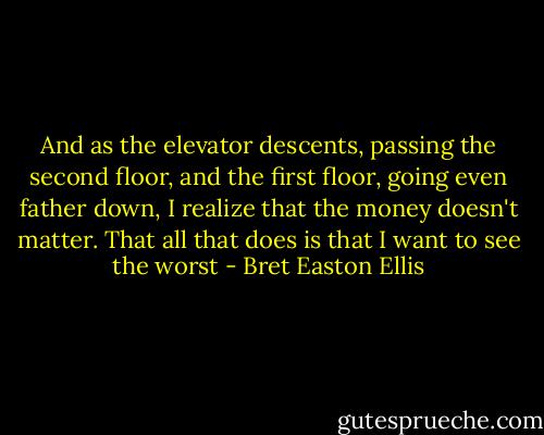 And as the elevator descents, passing the second floor, and the first floor, going even father down, I realize that the money doesn't matter. That all that does is that I want to see the worst - Bret Easton Ellis