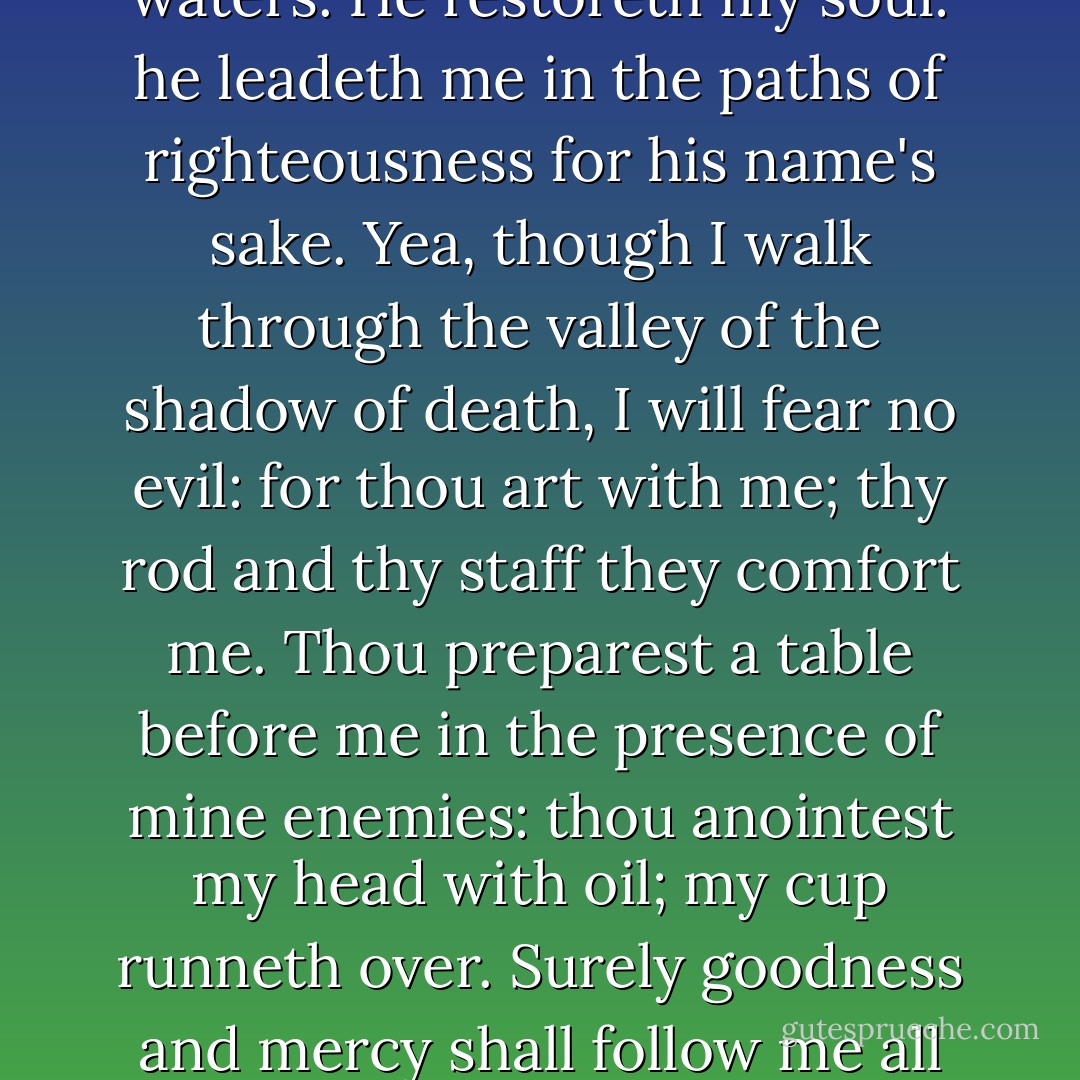 The LORD is my shepherd; I shall not want. He maketh me to lie down in green pastures: he leadeth me beside the still waters. He restoreth my soul: he leadeth me in the paths of righteousness for his name's sake. Yea, though I walk through the valley of the shadow of death, I will fear no evil: for thou art with me; thy rod and thy staff they comfort me. Thou preparest a table before me in the presence of mine enemies: thou anointest my head with oil; my cup runneth over. Surely goodness and mercy shall follow me all the days of my life: and I will dwell in the house of the LORD forever.<br />[Psalms 23] - Anonymous