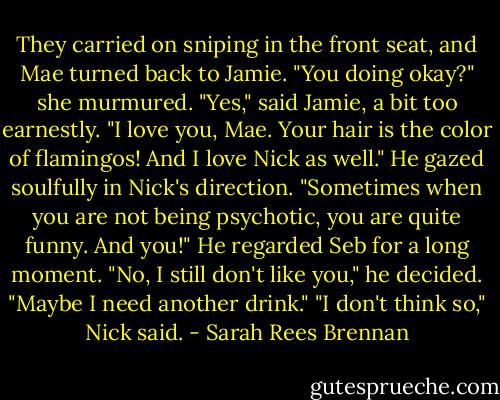 They carried on sniping in the front seat, and Mae turned back to Jamie.<br />"You doing okay?" she murmured.<br />"Yes," said Jamie, a bit too earnestly. "I love you, Mae. Your hair is the color of flamingos! And I love Nick as well." He gazed soulfully in Nick's direction. "Sometimes when you are not being psychotic, you are quite funny. And you!" He regarded Seb for a long moment. "No, I still don't like you," he decided. "Maybe I need another drink."<br />"I don't think so," Nick said. - Sarah Rees Brennan
