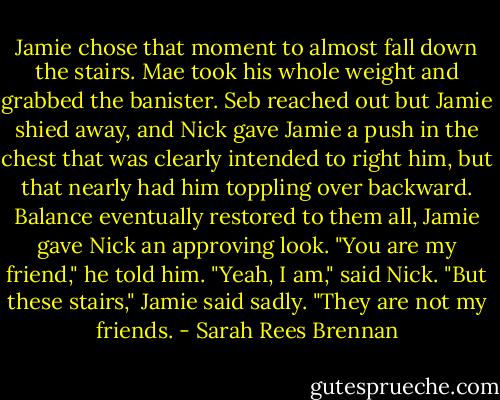 Jamie chose that moment to almost fall down the stairs. Mae took his whole weight and grabbed the banister. Seb reached out but Jamie shied away, and Nick gave Jamie a push in the chest that was clearly intended to right him, but that nearly had him toppling over backward.<br />Balance eventually restored to them all, Jamie gave Nick an approving look.<br />"You are my friend," he told him.<br />"Yeah, I am," said Nick.<br />"But these stairs," Jamie said sadly. "They are not my friends. - Sarah Rees Brennan