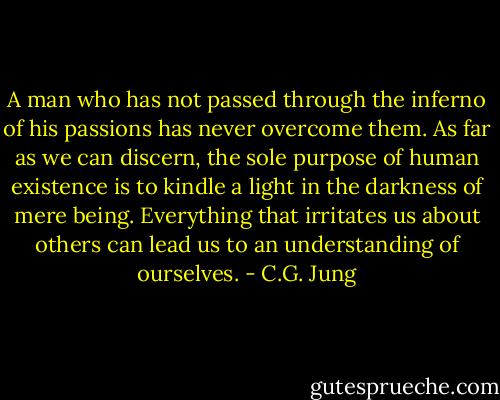 A man who has not passed through the inferno of his passions has never overcome them. As far as we can discern, the sole purpose of human existence is to kindle a light in the darkness of mere being. Everything that irritates us about others can lead us to an understanding of ourselves. - C.G. Jung