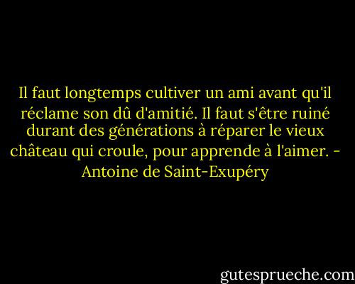 Il faut longtemps cultiver un ami avant qu'il réclame son dû d'amitié. Il faut s'être ruiné durant des générations à réparer le vieux château qui croule, pour apprende à l'aimer. - Antoine de Saint-Exupéry