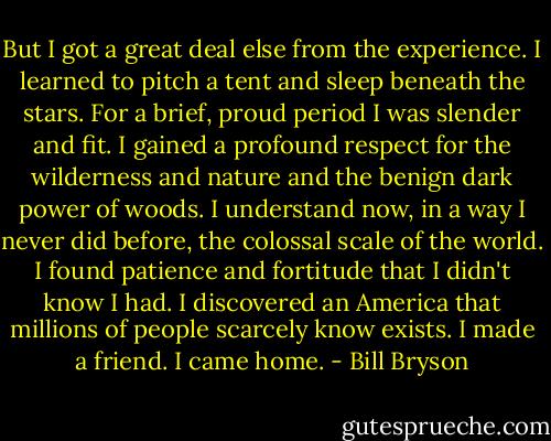 But I got a great deal else from the experience. I learned to pitch a tent and sleep beneath the stars. For a brief, proud period I was slender and fit. I gained a profound respect for the wilderness and nature and the benign dark power of woods. I understand now, in a way I never did before, the colossal scale of the world. I found patience and fortitude that I didn't know I had. I discovered an America that millions of people scarcely know exists. I made a friend. I came home. - Bill Bryson