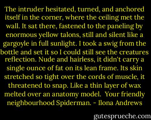 The intruder hesitated, turned, and anchored itself in the corner, where the ceiling met the wall. It sat there, fastened to the paneling by enormous yellow talons, still and silent like a gargoyle in full sunlight. I took a swig from the bottle and set it so I could still see the creatures reflection. Nude and hairless, it didn't carry a single ounce of fat on its lean frame. Its skin stretched so tight over the cords of muscle, it threatened to snap. Like a thin layer of wax melted over an anatomy model. <br />Your friendly neighbourhood Spiderman. - Ilona Andrews