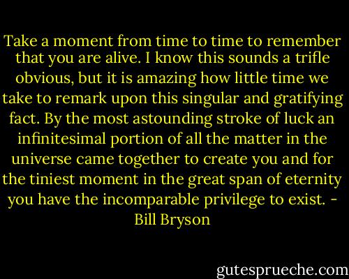 Take a moment from time to time to remember that you are alive. I know this sounds a trifle obvious, but it is amazing how little time we take to remark upon this singular and gratifying fact. By the most astounding stroke of luck an infinitesimal portion of all the matter in the universe came together to create you and for the tiniest moment in the great span of eternity you have the incomparable privilege to exist. - Bill Bryson