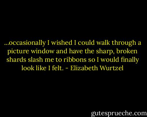 ...occasionally I wished I could walk through a picture window and have the sharp, broken shards slash me to ribbons so I would finally look like I felt. - Elizabeth Wurtzel