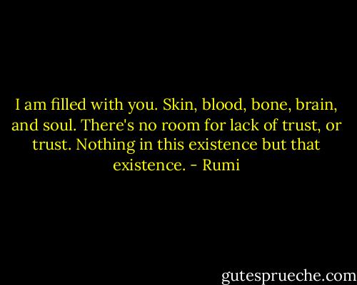 I am filled with you. Skin, blood, bone, brain, and soul. There's no room for lack of trust, or trust. Nothing in this existence but that existence. - Rumi