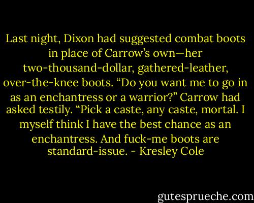 Last night, Dixon had suggested combat boots in place of Carrow’s own—her two-thousand-dollar, gathered-leather, over-the-knee boots. “Do you want me to go in as an enchantress or a warrior?” Carrow had asked testily. “Pick a caste, any caste, mortal. I myself think I have the best chance as an enchantress. And fuck-me boots are standard-issue. - Kresley Cole