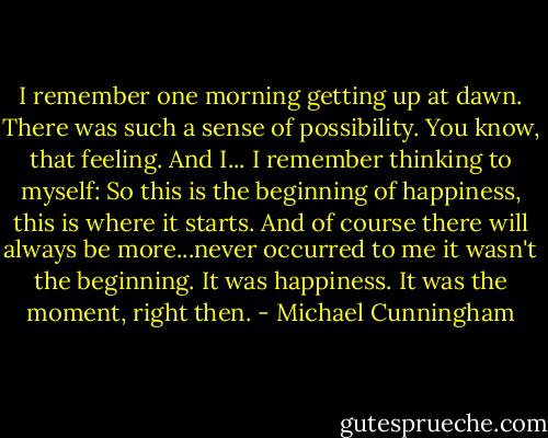 I remember one morning getting up at dawn. There was such a sense of possibility. You know, that feeling. And I... I remember thinking to myself: So this is the beginning of happiness, this is where it starts. And of course there will always be more...never occurred to me it wasn't the beginning. It was happiness. It was the moment, right then. - Michael Cunningham