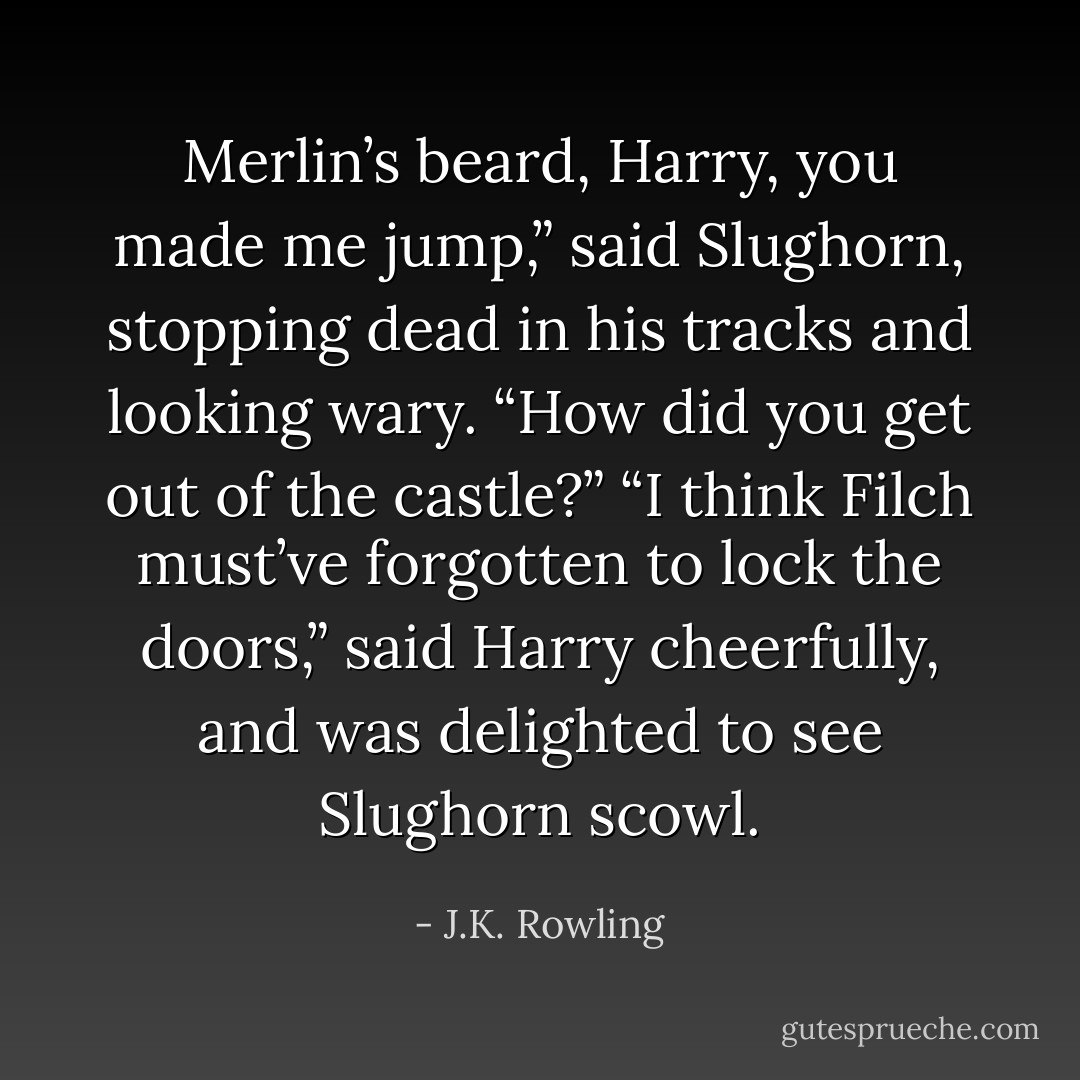 Merlin’s beard, Harry, you made me jump,” said Slughorn, stopping dead in his tracks and looking wary. “How did you get out of the castle?”<br />“I think Filch must’ve forgotten to lock the doors,” said Harry cheerfully, and was delighted to see Slughorn scowl. - J.K. Rowling